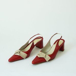 Red Pointed Mid Heel Sling-backs with a cream bow - Size 7.5